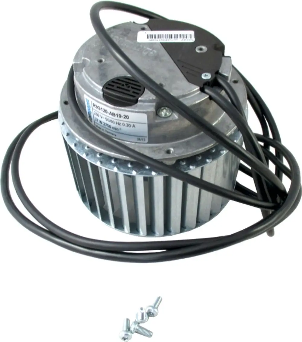 Wolf Ventilator mit Metallgehäuse und mehreren Kabeln. Unterhalb befinden sich drei Schrauben, die zur Befestigung dienen können.